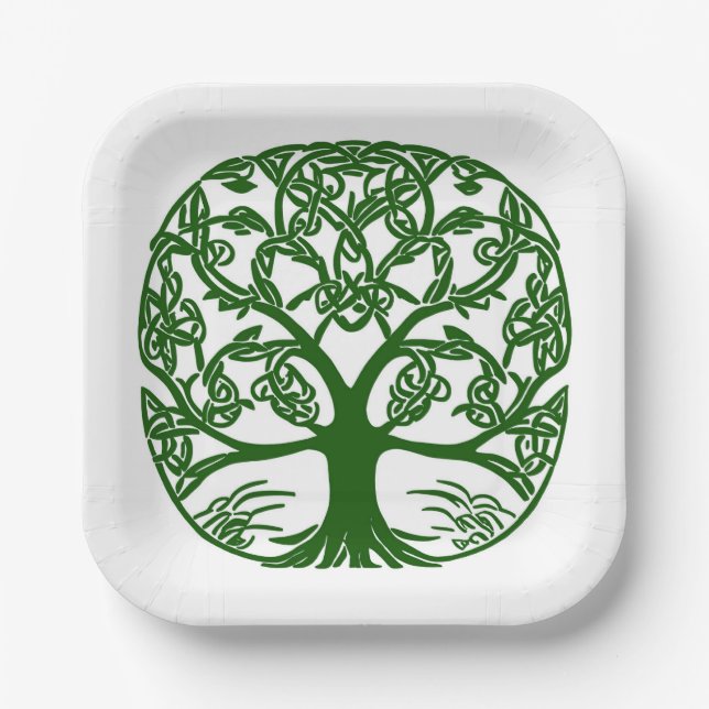 Celtic Knot Tree of Life Green on White Paper Plates (Front)