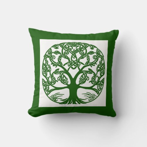 Celtic Knot Tree of Life Green on White Throw Pillow