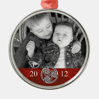 Celtic Knot Triskelion Red Christmas Photo Ornam Metal Ornament by oddlotpaperie at Zazzle