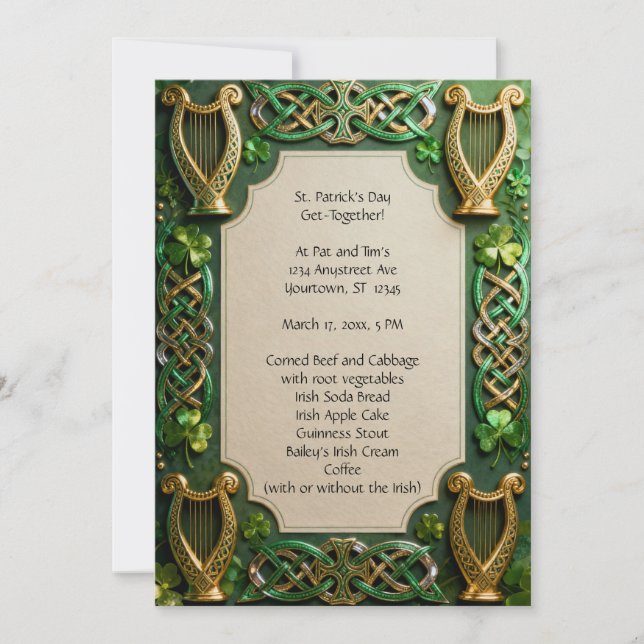 Celtic Knots and Harps St. Patrick's Day Invitation (Front)