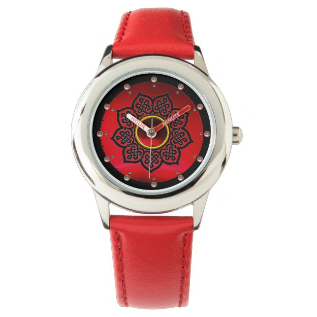 CELTIC KNOTS FLOWER , RED BURGUNDY RUBY GEM STONES WATCH (Front)
