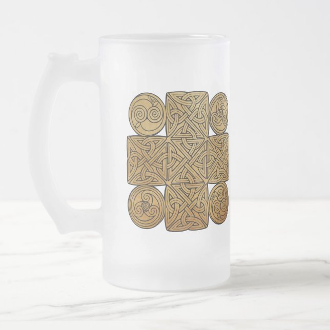 Celtic Knotwork Cross Frosted Glass Beer Mug (Left)
