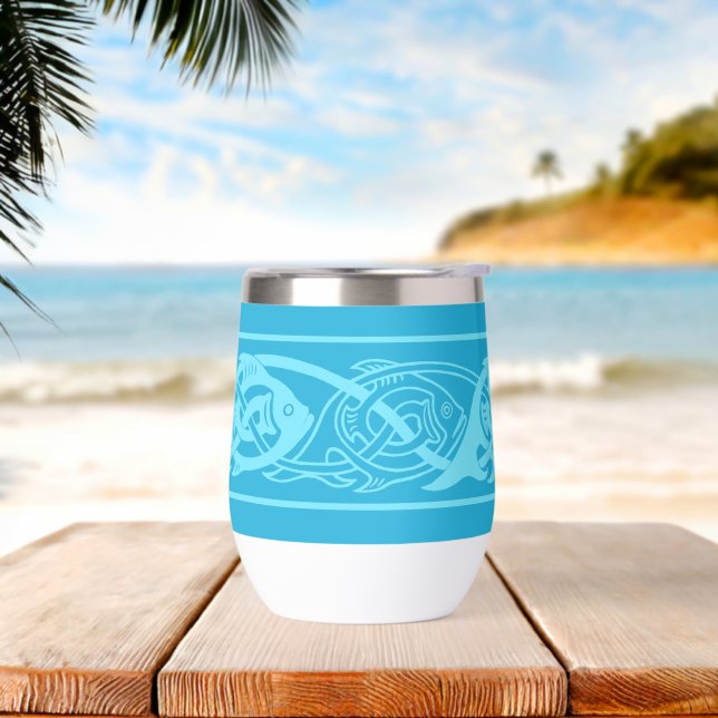Celtic Knotwork Fish in Blue  Thermal Wine Tumbler (Beach)