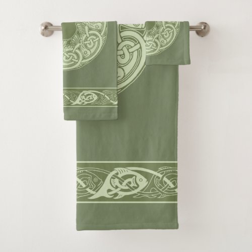 Celtic Knotwork Fish in Green Bath Towel Set