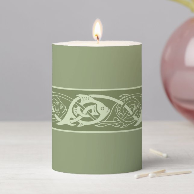 Celtic Knotwork Fish in Green  Pillar Candle (In Situ)