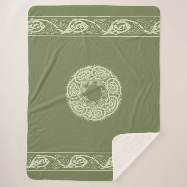 Celtic Knotwork Fish in Green  Sherpa Blanket (Front)