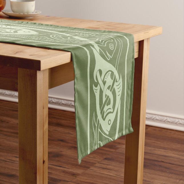 Celtic Knotwork Fish in Green Short Table Runner (In Situ)