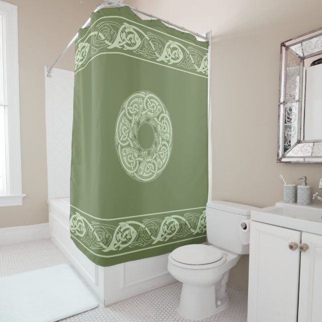 Celtic Knotwork Fish in Green Shower Curtain (In Situ)