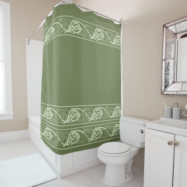 Celtic Knotwork Fish in Green Shower Curtain (In Situ)