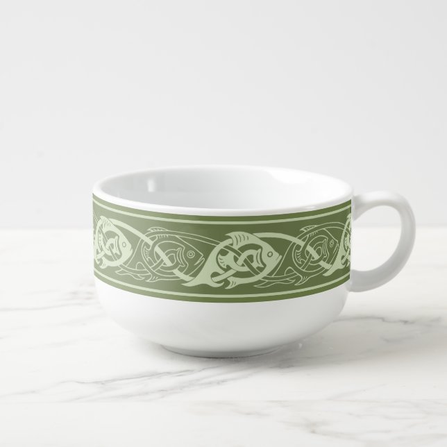 Celtic Knotwork Fish in Green Soup Mug (Left)