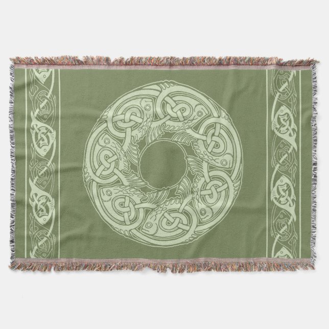 Celtic Knotwork Fish in Green Throw Blanket (Front)