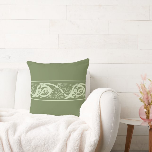 Celtic Knotwork Fish in Green Throw Pillow (Couch)