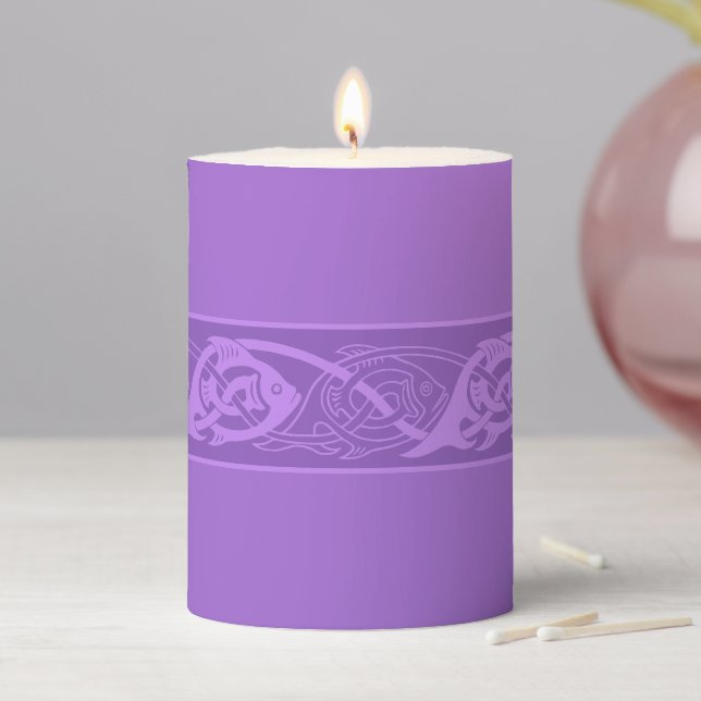 Celtic Knotwork Fish in Purple Pillar Candle (In Situ)