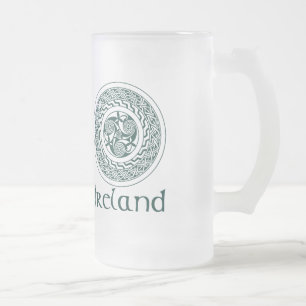 Celtic Knotwork Irish Medallion Pattern in Green Frosted Glass Beer Mug