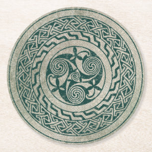 Celtic Knotwork Irish Medallion Pattern in Green Round Paper Coaster