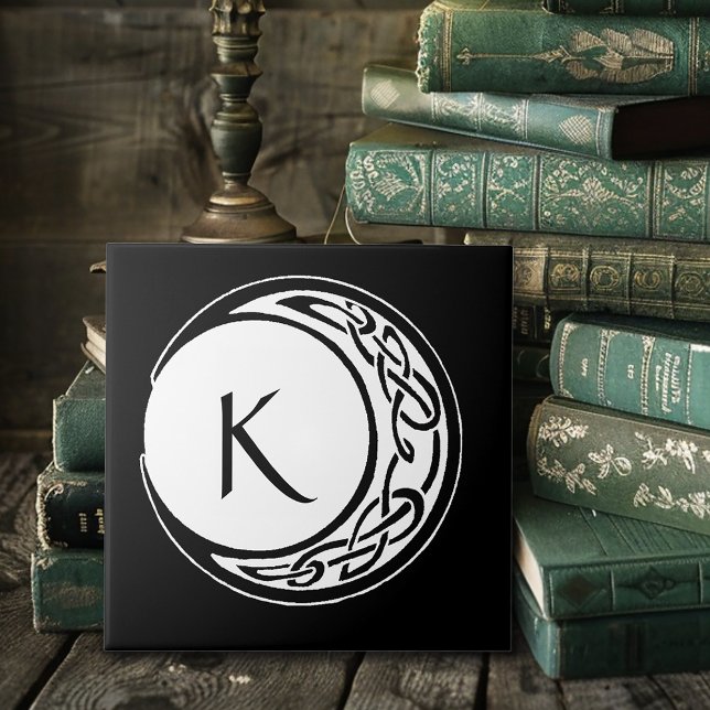 Celtic Knotwork Moon Circle Monogram Black White Ceramic Tile (Creator Uploaded)