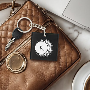 Celtic Knotwork Moon Circle Monogram Black White Keychain