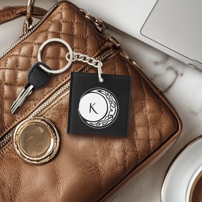 Celtic Knotwork Moon Circle Monogram Black White Keychain (Creator Uploaded)