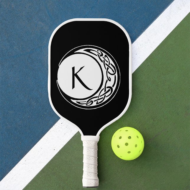 Celtic Knotwork Moon Circle Monogram Black White Pickleball Paddle (Creator Uploaded)