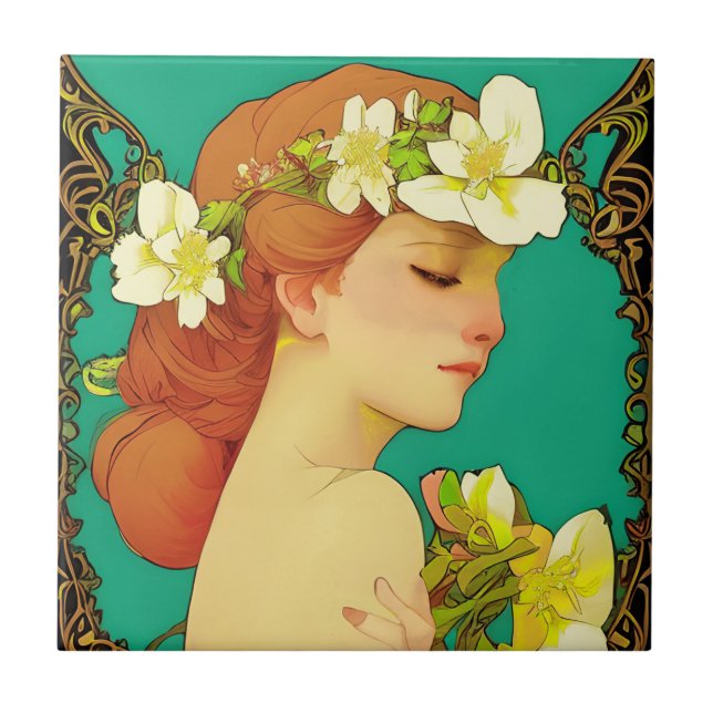 Celtic Lady with Flowers in her Hair Ceramic Tile (Front)