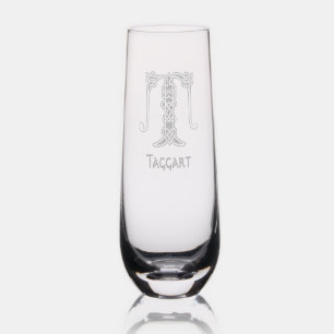 Celtic Letter T Monogram and Name Stemless Champagne Flute