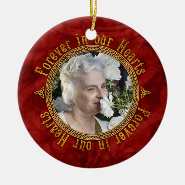Celtic Love Knot Red Memorial Photo Christmas Ceramic Ornament (Front)
