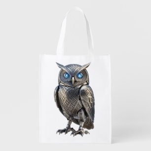 Celtic Mechanical Owl Silver Steampunk Grocery Bag