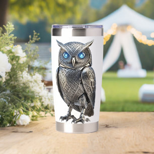 Celtic Mechanical Owl Silver Steampunk Insulated Tumbler