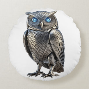 Celtic Mechanical Owl Silver Steampunk Round Pillow