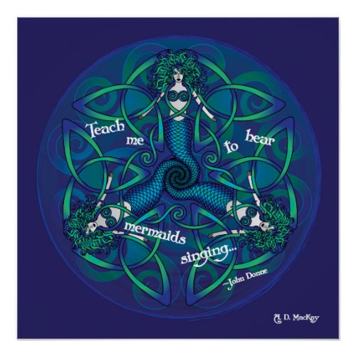 Celtic Mermaid Mandala in Blue and Green Poster