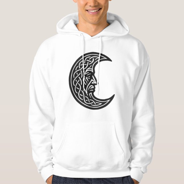 Celtic Moon‑Face Knotwork – Monochrome Ink Emblem Hoodie (Front)