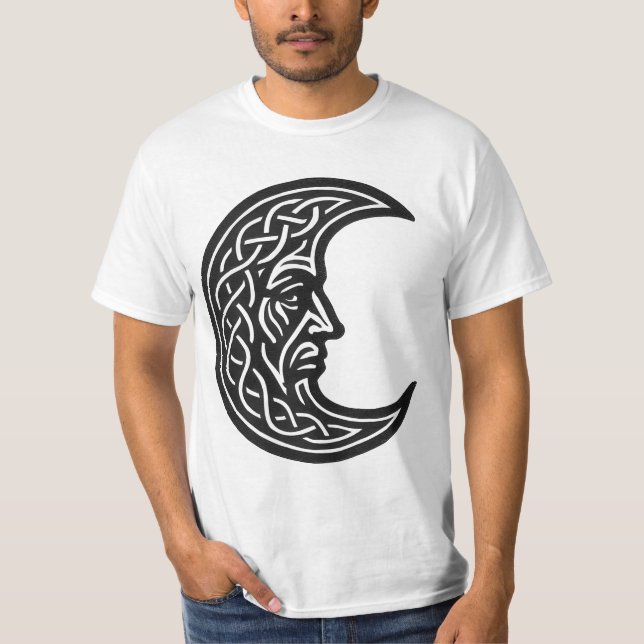 Celtic Moon‑Face Knotwork – Monochrome Ink Emblem T-Shirt (Front)