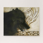 Celtic Path Jigsaw Puzzle<br><div class="desc">Black lone wolf with celtic knot work and dragon on wall behind him.</div>