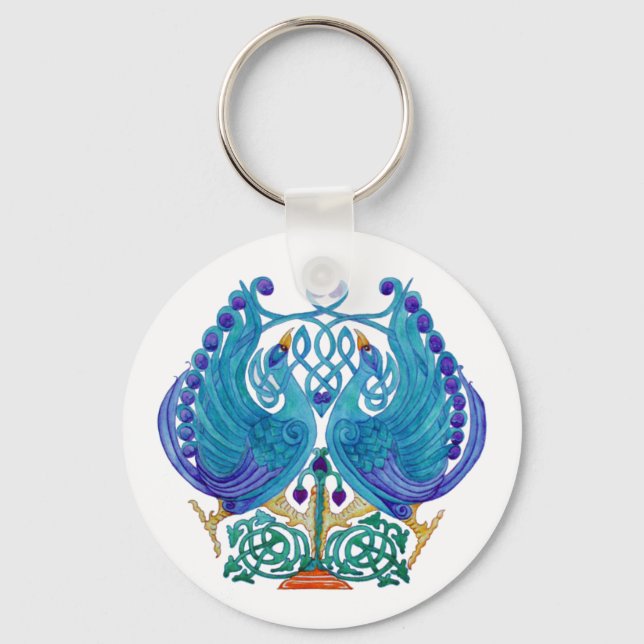 Celtic Peacocks Classic Button Keychain (Front)
