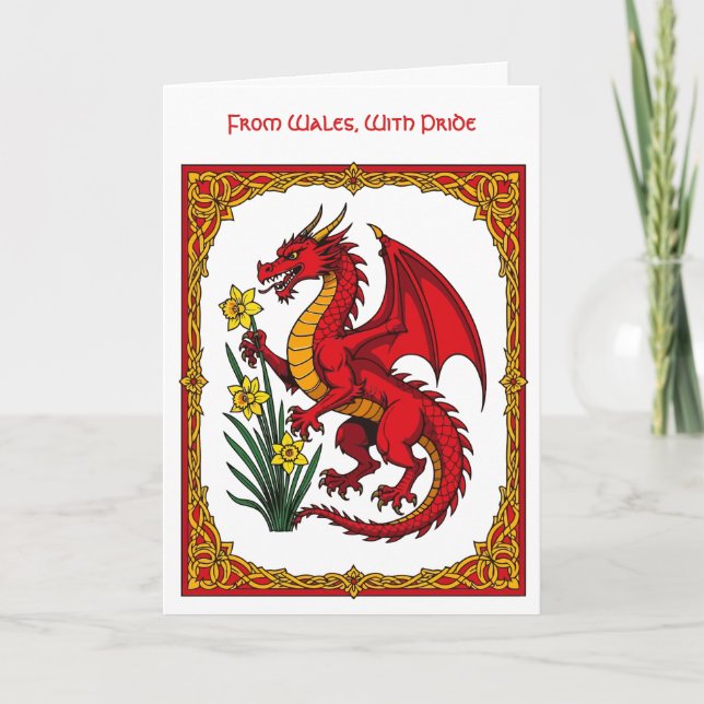Celtic Red Dragon Holding a Daffodil Card (Front)