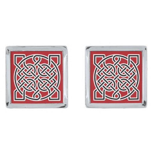 Celtic Sailors Knot Deep Red Black and White Silver Cufflinks