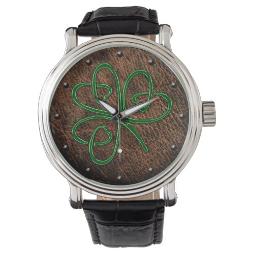 Celtic shamrock lucky charm on leather digital art watch