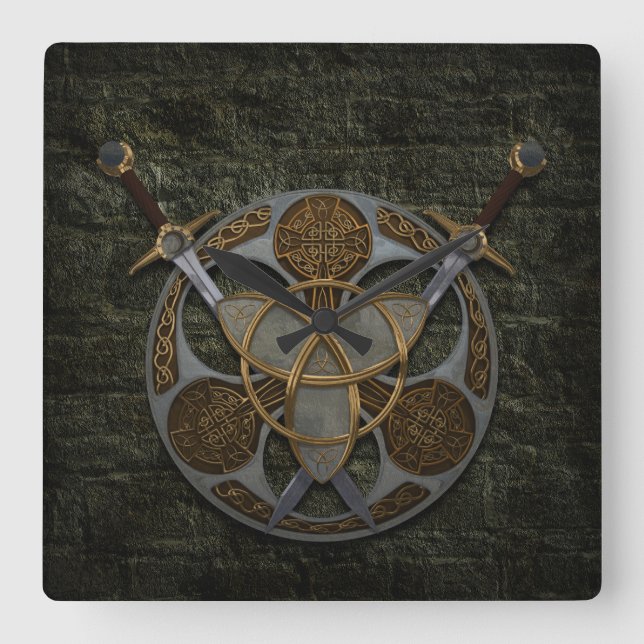 Celtic Shield and Swords Square Wall Clock (Front)