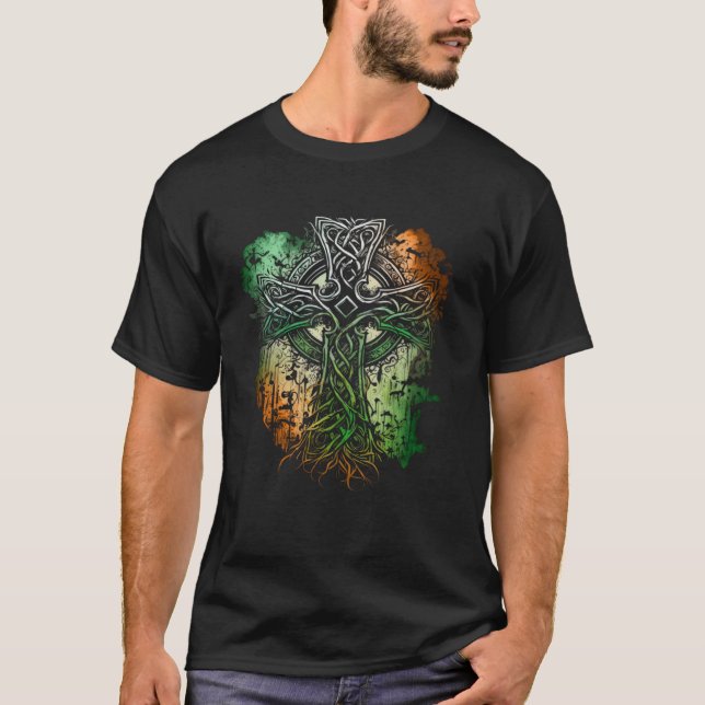 Celtic Style Cross With Irish Flag Colors T-Shirt (Front)