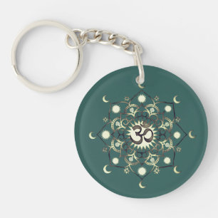 Celtic Sun Moon Mandala Om Quote Gold Green Keychain