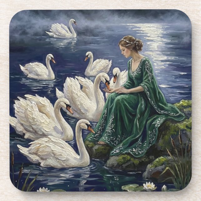Celtic Swans Moonlit Lake Night Fantasy Art Beverage Coaster (Front)