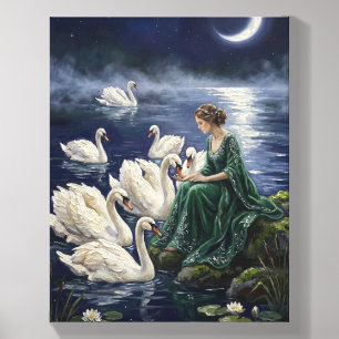 Celtic Swans Moonlit Lake Night Fantasy Art Canvas Photo Tile