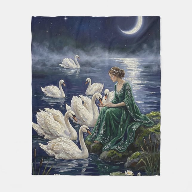 Celtic Swans Moonlit Lake Night Fantasy Art Fleece Blanket (Front)