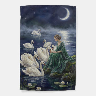 Celtic Swans Moonlit Lake Night Fantasy Art Garden Flag