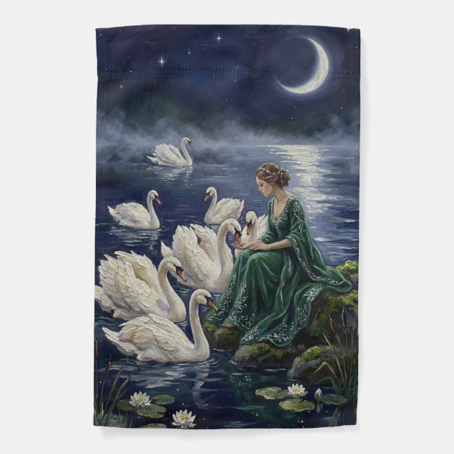 Celtic Swans Moonlit Lake Night Fantasy Art Garden Flag (Front)