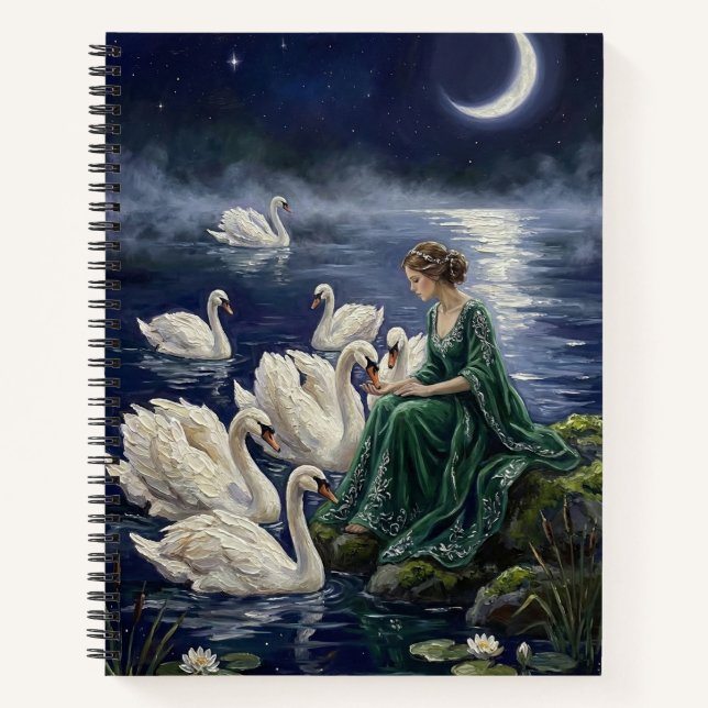 Celtic Swans Moonlit Lake Night Fantasy Art Notebook (Front)