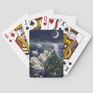 Celtic Swans Moonlit Lake Night Fantasy Art Poker Cards