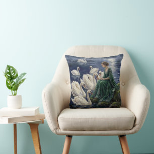 Celtic Swans Moonlit Lake Night Fantasy Art Throw Pillow
