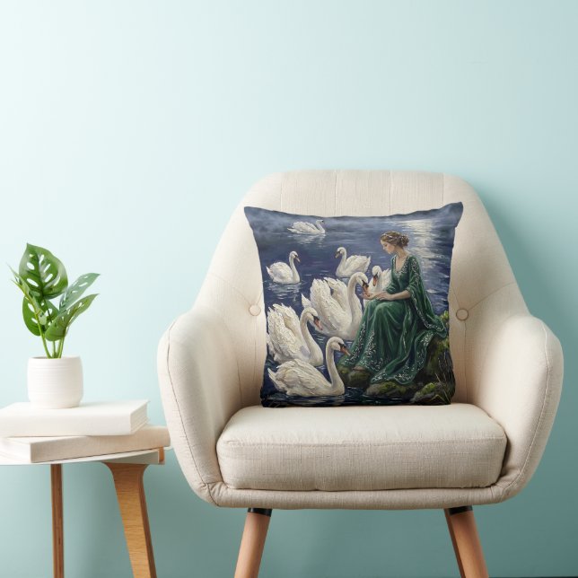 Celtic Swans Moonlit Lake Night Fantasy Art Throw Pillow (Chair)