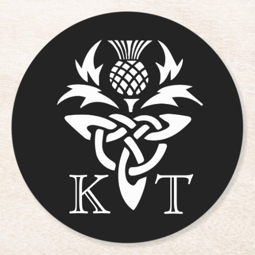 Celtic Thistle Initials _ Black  White Round Paper Coaster